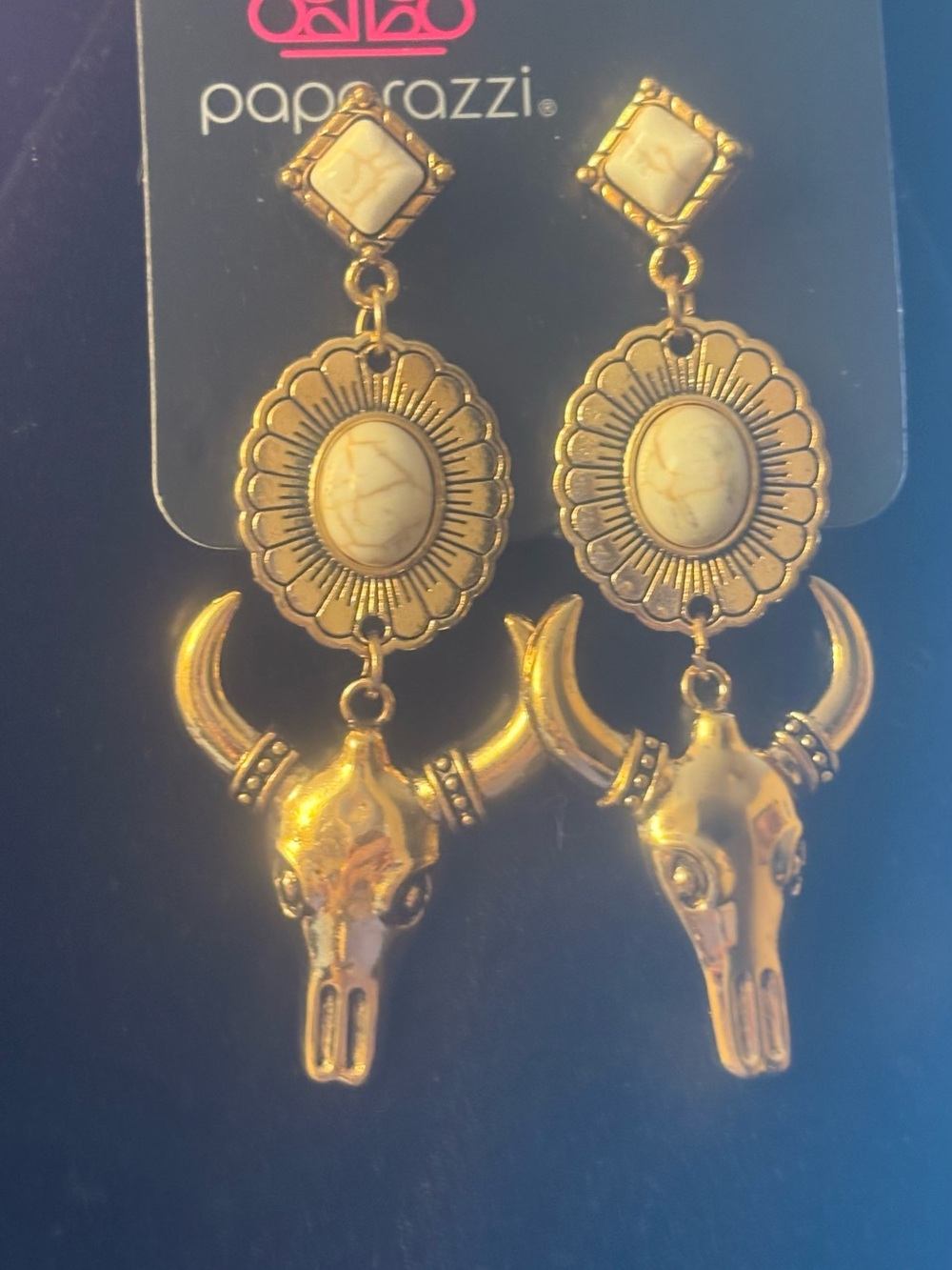 paparazzi Gold and Cream Bull Skull Medallion Earrings